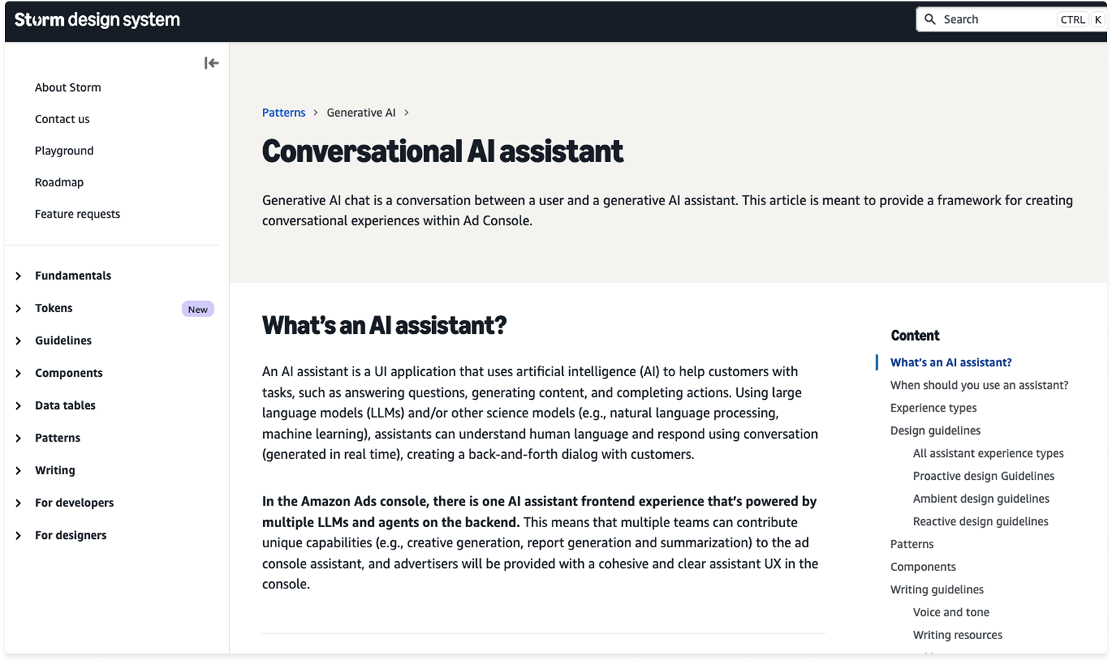 Design system guidelines for the conversational AI assistant pattern in the Storm design system