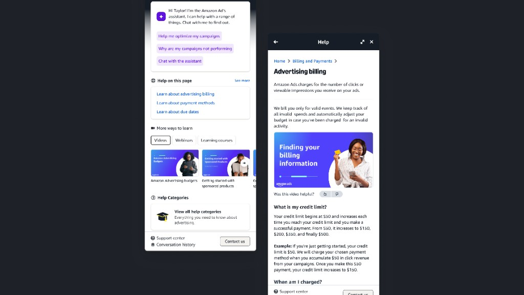 Amazon Ads help panel and billing article