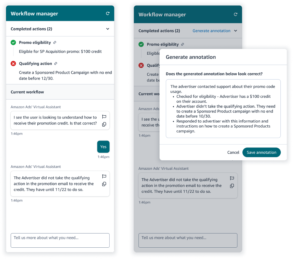 Support associate's workflow manager showing the assistant confirming the advertiser's question, a checklist of completed checks with pass and fail states, and a prompt to confirm an AI-generated annotation before saving it.