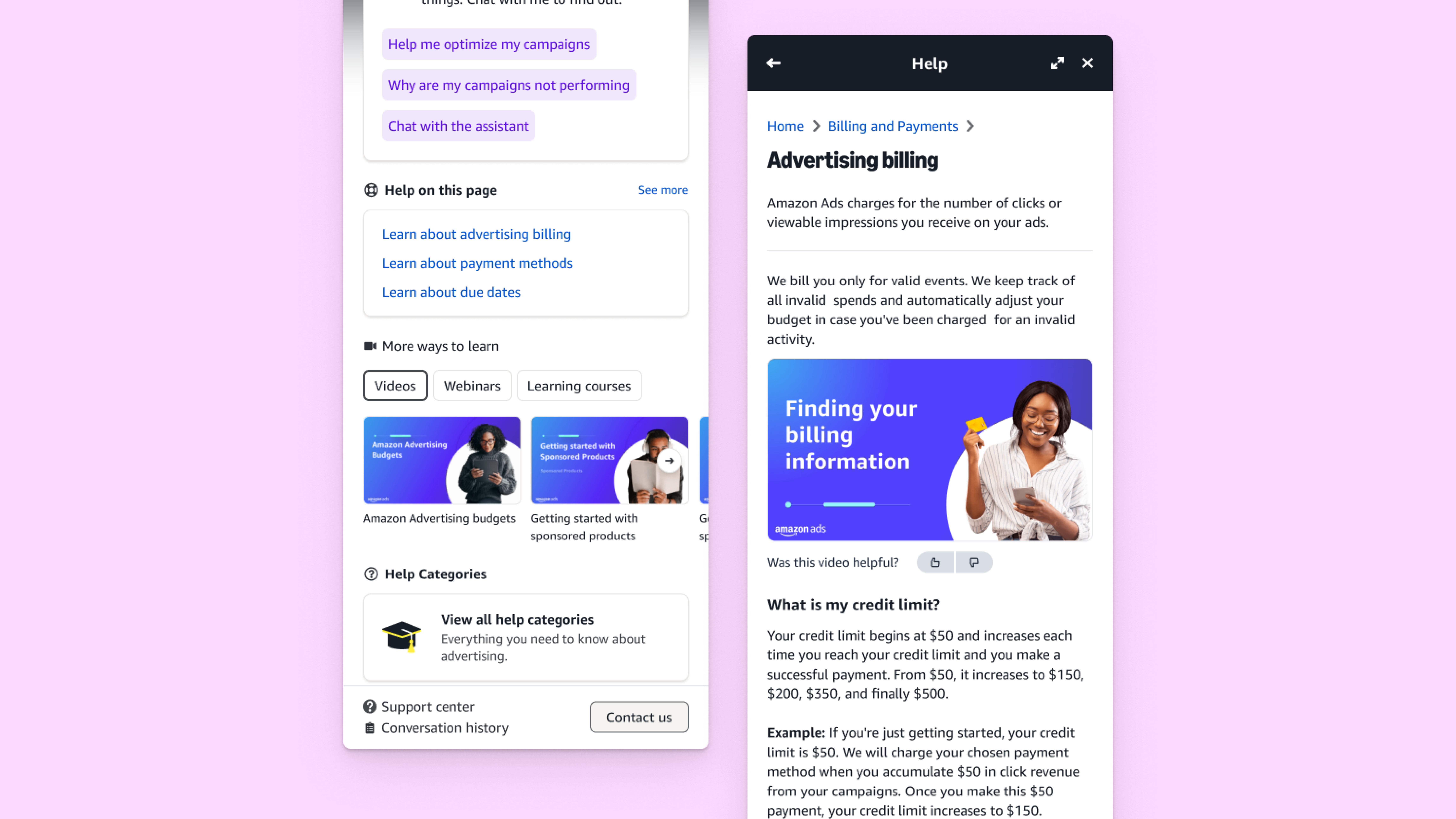 Redesigned Amazon Ads console help panel