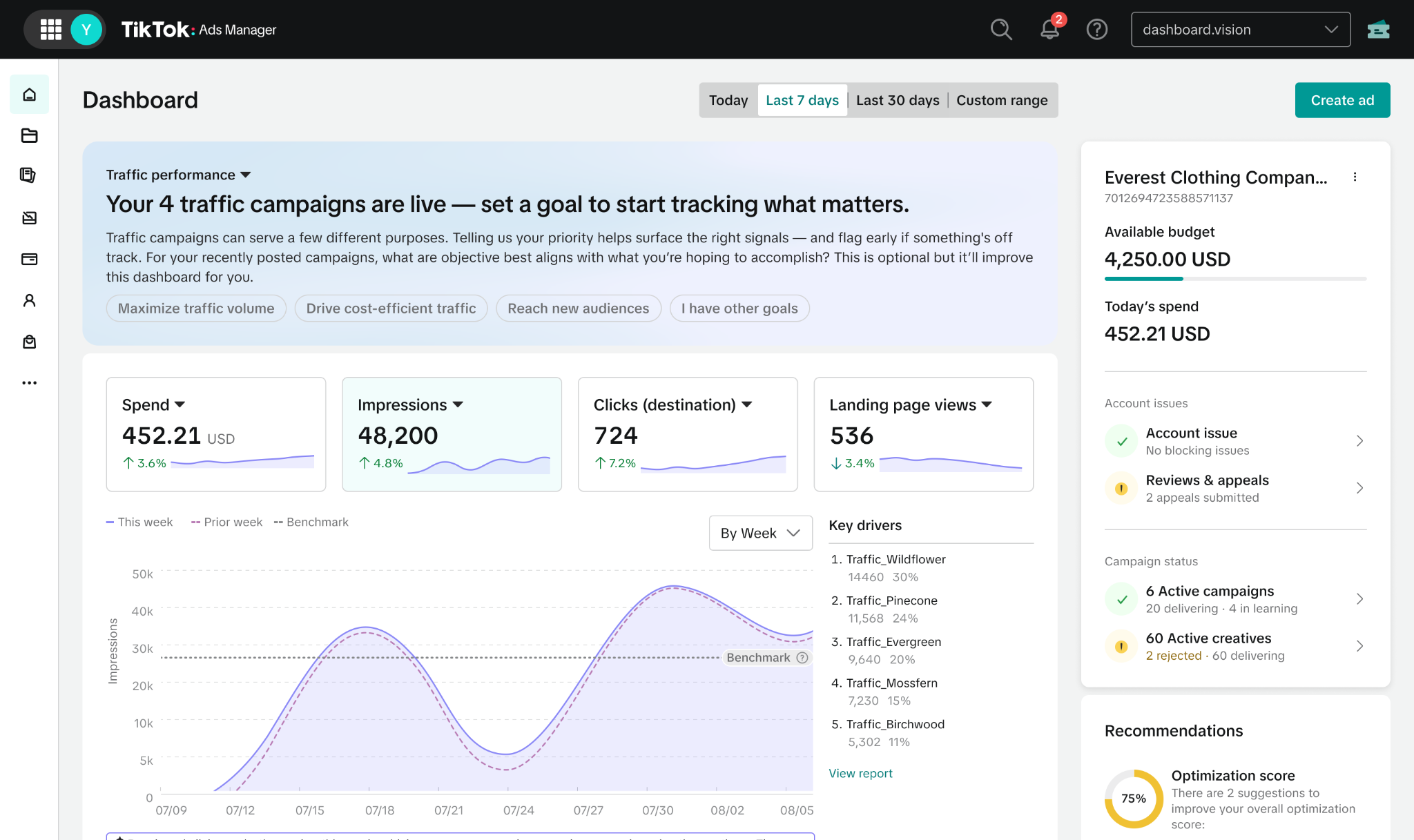 TikTok Ads Manager dashboard prompting an advertiser to set a goal for live traffic campaigns