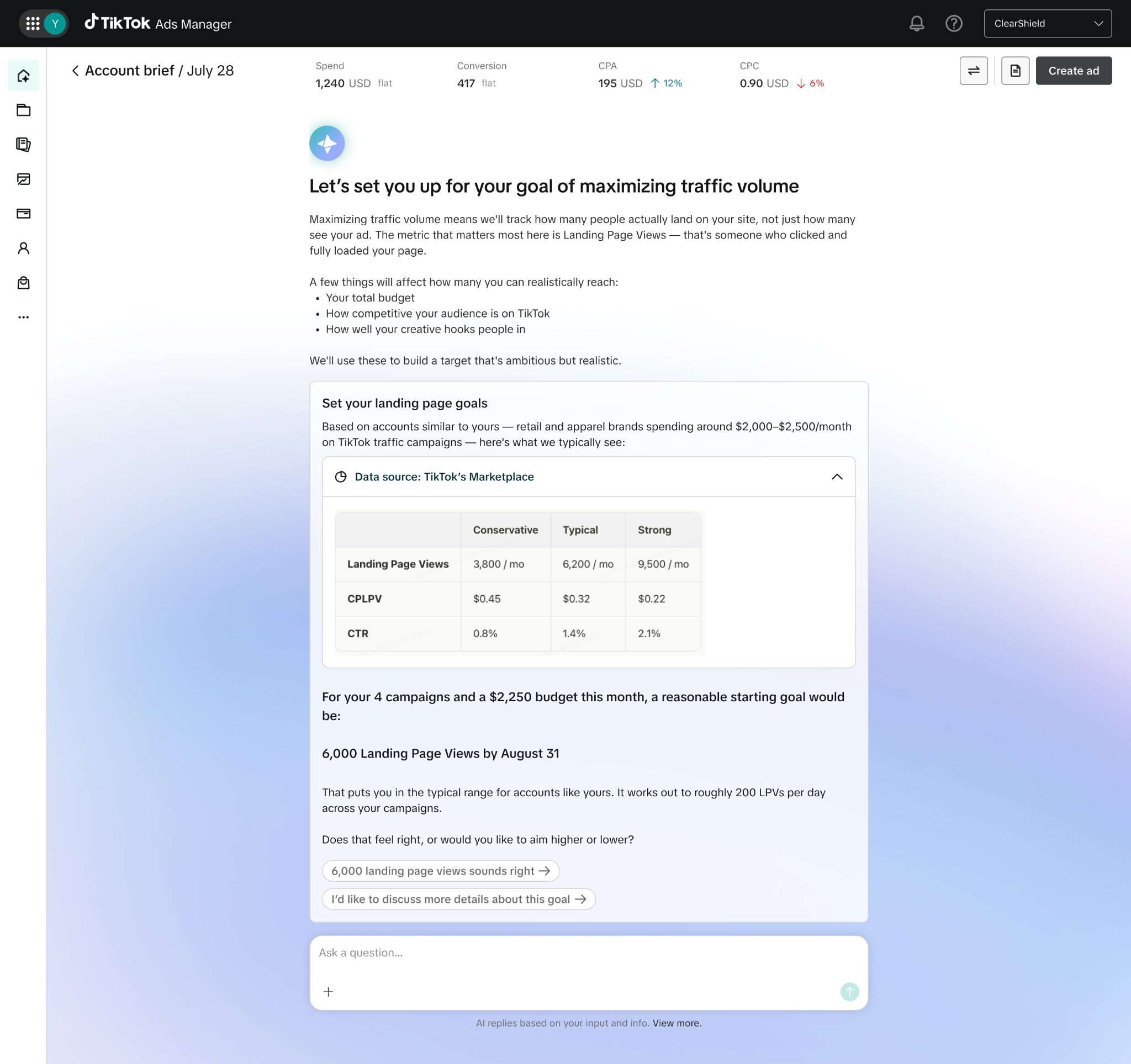Account brief helping an advertiser set a landing page views goal for maximizing traffic volume