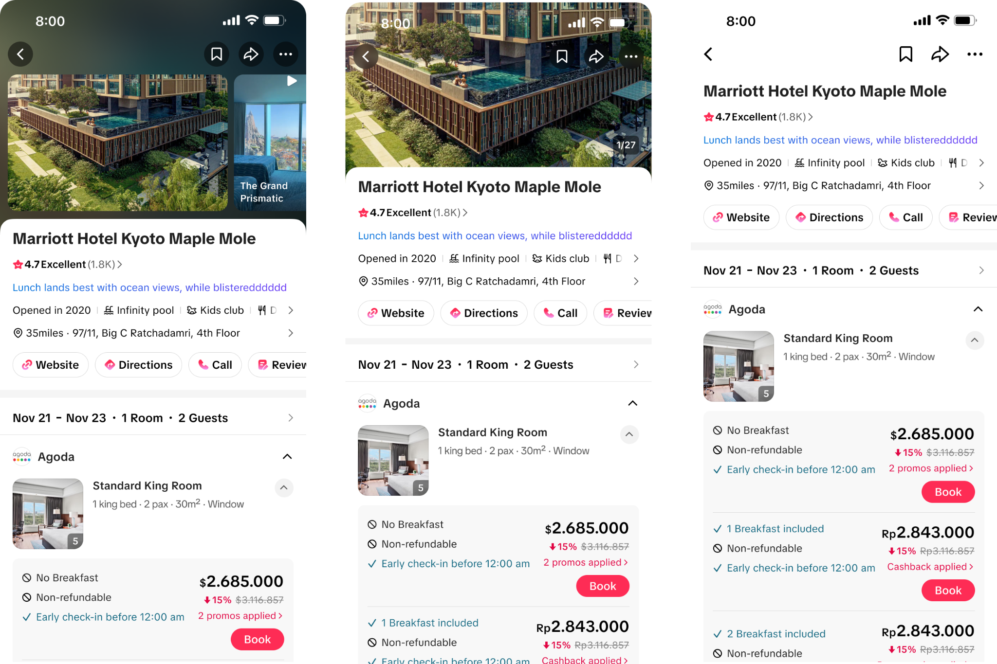 Three phone layouts of a hotel listing, from the photo gallery through room rates and booking